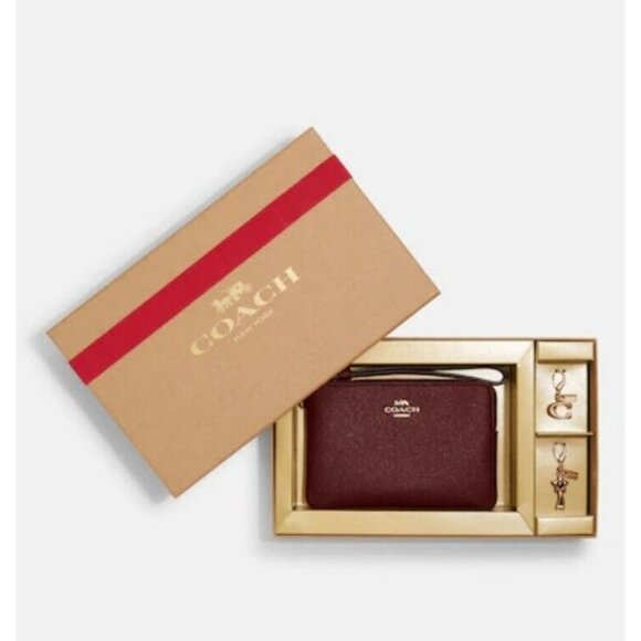 Coach Glitter Leather Corner Zip Wristlet In Box with Charms Cross Grain Red NWT - Picture 1 of 9